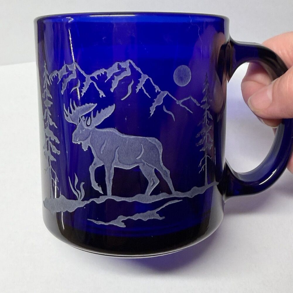 Cobalt Blue Glass Etched Moose & Mountains Coffee Mug Unmarked Base